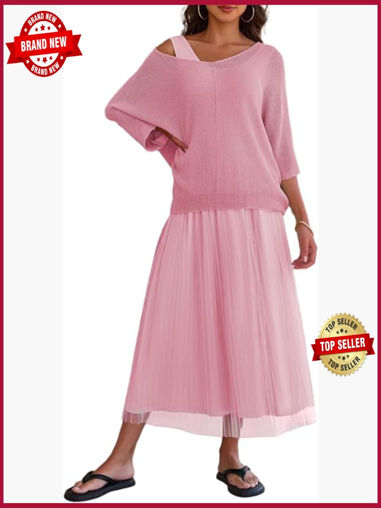 Women's Knit Top & Mesh Maxi Dress Set 3/4 Sleeve Two Piece